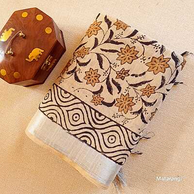 Beige Linen Cotton Saree with Hand Block Print