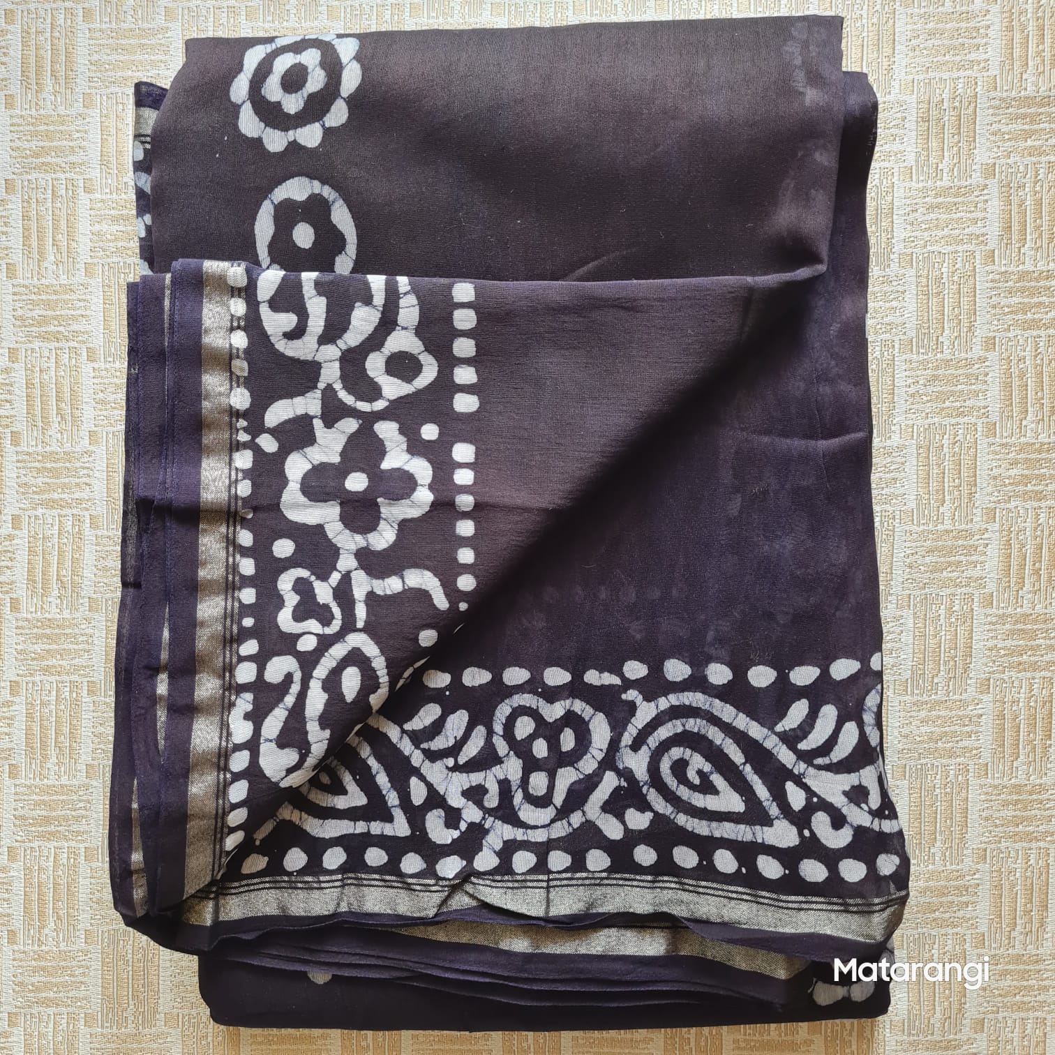 Midnight Blue Chanderi Silk with Batik Handblock Print Midnight Blue Chanderi Silk with Batik Handblock Print