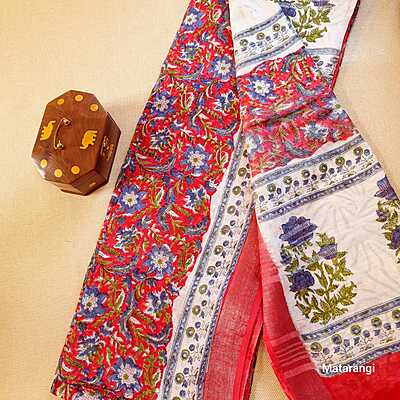 Red Linen Cotton Saree with Hand Block Print Red Linen Cotton Saree with Hand Block Print
