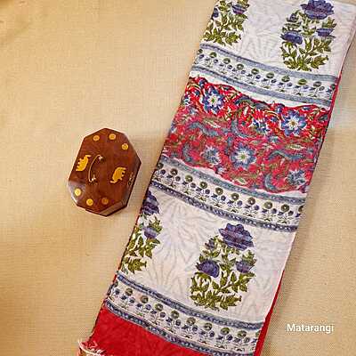 Red Linen Cotton Saree with Hand Block Print Red Linen Cotton Saree with Hand Block Print