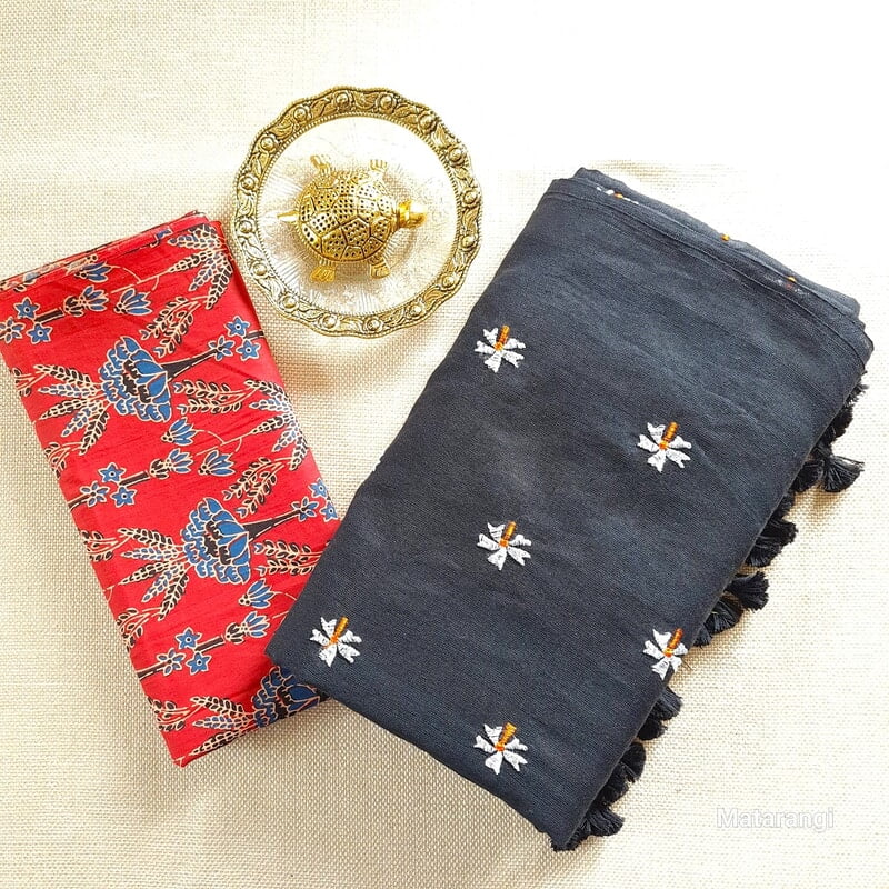 Black Khadi Cotton Saree with embroidery Black Khadi Cotton Saree with embroidery