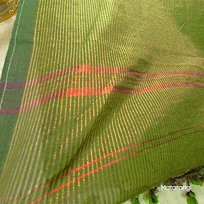 Green Khadi Cotton Zari Striped Saree