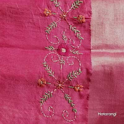 Pink Hand Embroidered Kantha Silk Saree Pink Hand Embroidered Kantha Silk Saree
