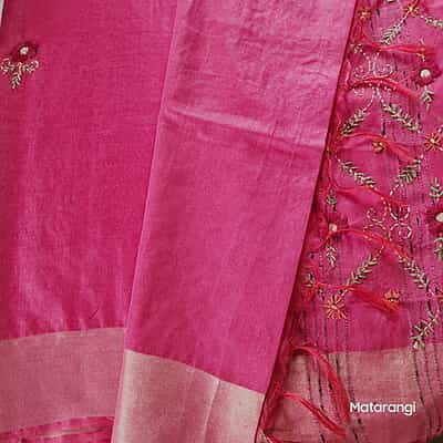 Pink Hand Embroidered Kantha Silk Saree Pink Hand Embroidered Kantha Silk Saree