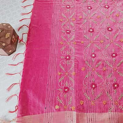 Pink Hand Embroidered Kantha Silk Saree Pink Hand Embroidered Kantha Silk Saree