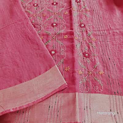 Pink Hand Embroidered Kantha Silk Saree Pink Hand Embroidered Kantha Silk Saree