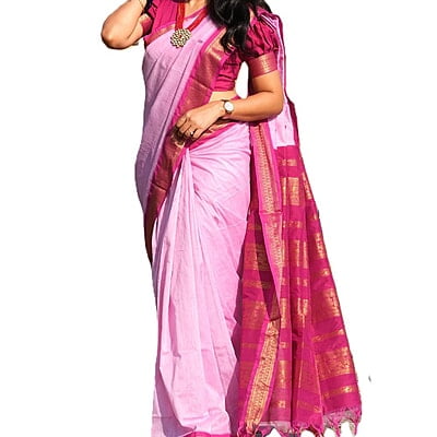 Light Pink Kalyani Cotton Saree with Dark Pink border Light Pink Kalyani Cotton Saree with Dark Pink border