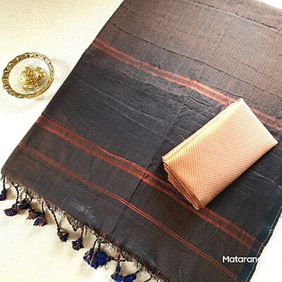 Black Khadi Cotton Zari Striped Saree