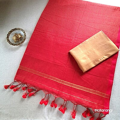 Red Khadi Cotton Zari Striped Saree