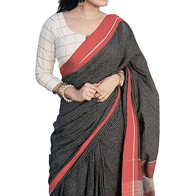Black Check Design Pure Khadi Cotton Handloom Saree Black Check Design Pure Khadi Cotton Handloom Saree