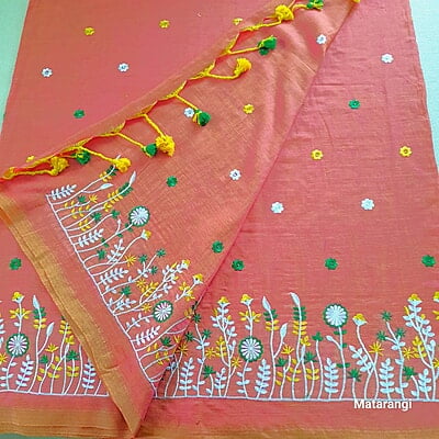 Peach Embroidered Pure Cotton Saree
