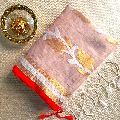 Cream Muslin Organza Jamdani Saree