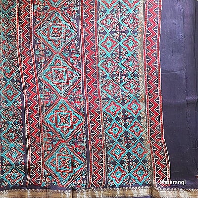 Premium Navy Blue Hand Block Printed Maheshwari Silk Saree