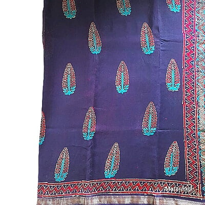 Premium Navy Blue Hand Block Printed Maheshwari Silk Saree