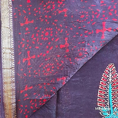 Premium Navy Blue Hand Block Printed Maheshwari Silk Saree