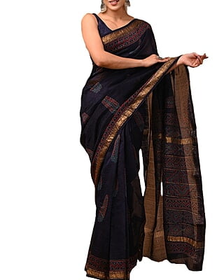 Premium Navy Blue Hand Block Printed Maheshwari Silk Saree