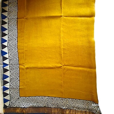 Premium Mustard Hand Block Printed Maheshwari Silk Saree