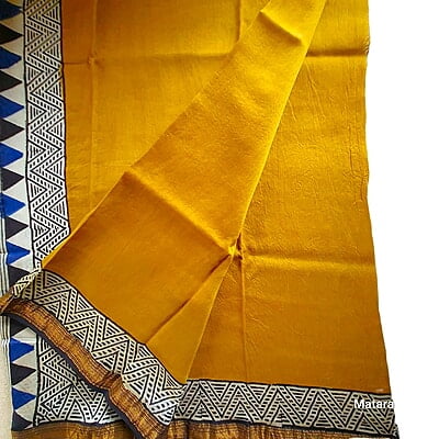 Premium Mustard Hand Block Printed Maheshwari Silk Saree