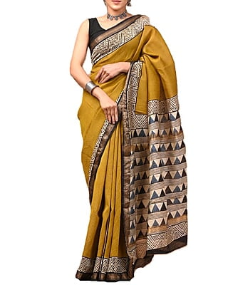 Premium Mustard Hand Block Printed Maheshwari Silk Saree
