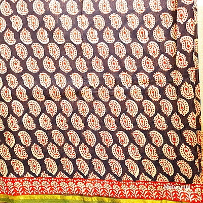 Black & Red Handblock Printed  Organic Chanderi Silk Saree