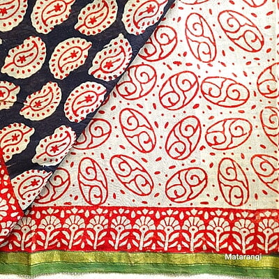 Black & Red Handblock Printed  Organic Chanderi Silk Saree