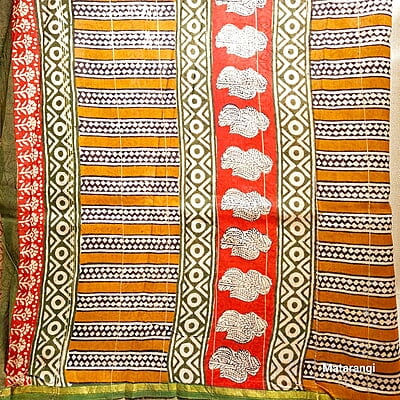Black & Red Handblock Printed  Organic Chanderi Silk Saree