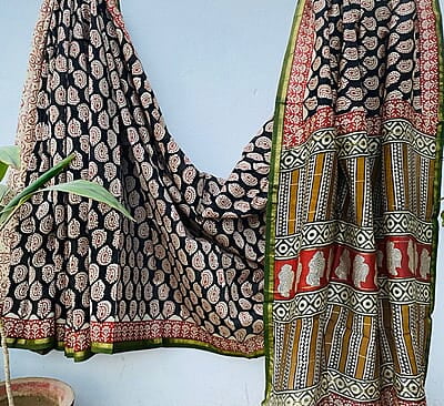 Black & Red Handblock Printed  Organic Chanderi Silk Saree