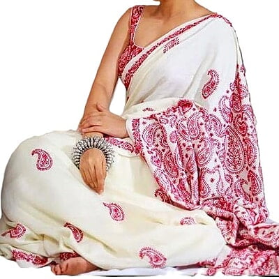 White & Red Pure cotton Embroidery saree with blouse White & Red Pure cotton Embroidery saree with blouse