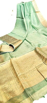 Pastel Cyan Blue Pure Tussar Linen Silk Banarasi Saree Pastel Cyan Blue Pure Tussar Linen Silk Banarasi Saree