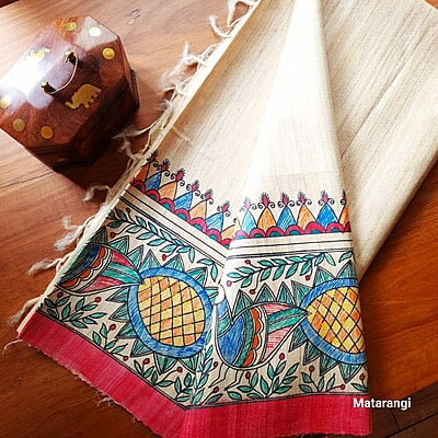 Cream Madhubani Handpainted Pure Tussar Silk Saree Cream Madhubani Handpainted Pure Tussar Silk Saree