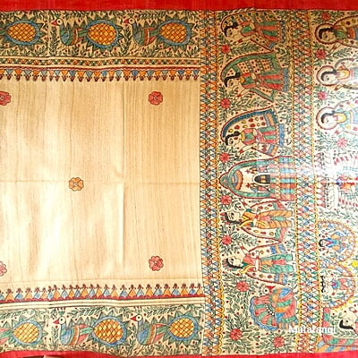 Cream Madhubani Handpainted Pure Tussar Silk Saree Cream Madhubani Handpainted Pure Tussar Silk Saree