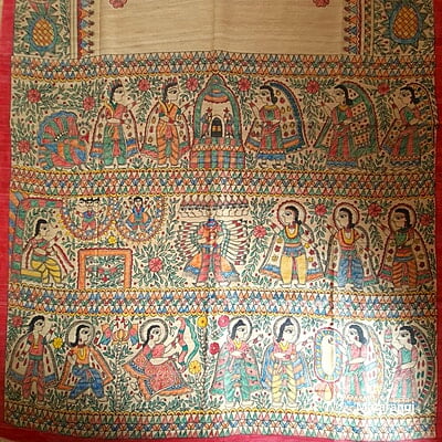 Cream Madhubani Handpainted Pure Tussar Silk Saree Cream Madhubani Handpainted Pure Tussar Silk Saree