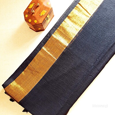 Black Linen Saree with Gold Zari Border Black Linen Saree with Gold Zari Border