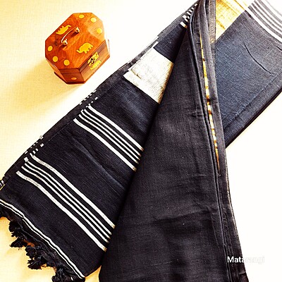 Black Linen Saree with Gold Zari Border Black Linen Saree with Gold Zari Border