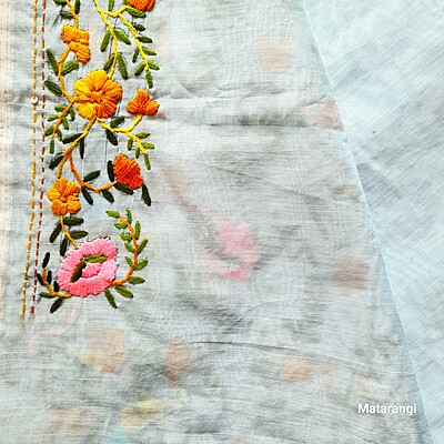 Light Blue Chapa Phulkari Chanderi Saree