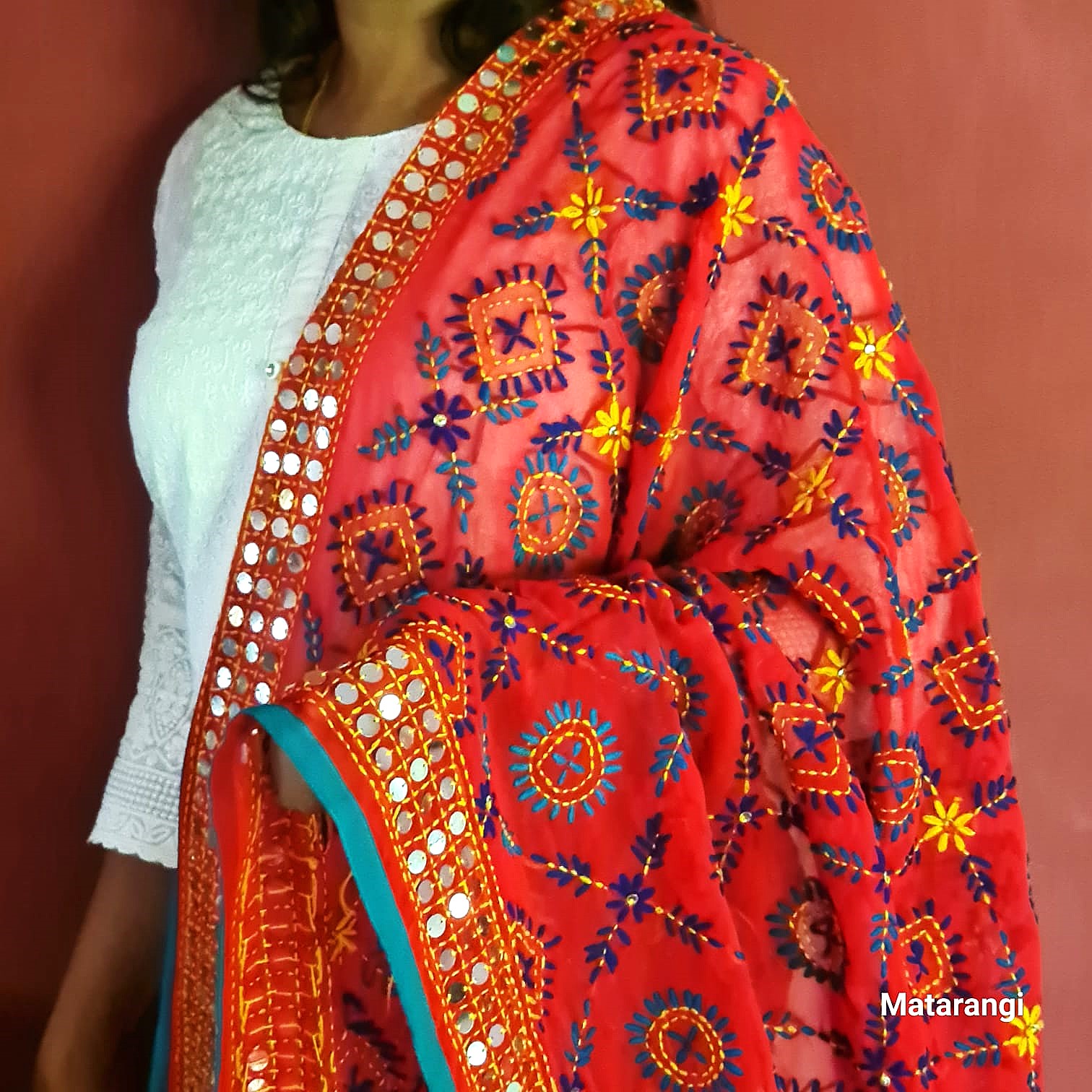 Red Chapa Phulkari Georgette Duppatta