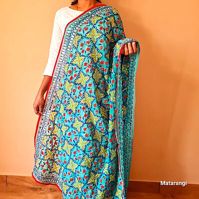 Turquoise Green Chapa Phulkari Georgette Duppatta