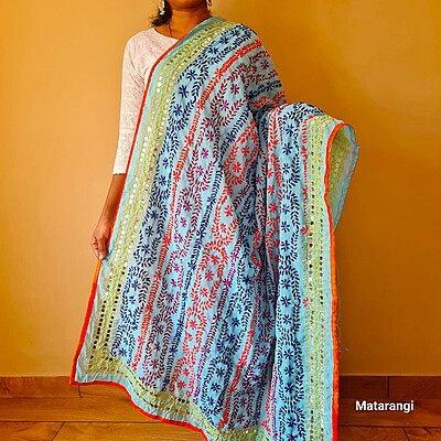 Light Blue Chapa Phulkari Georgette Duppatta Light Blue Chapa Phulkari Georgette Duppatta