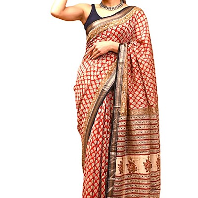 Red Floral Handblock Printed Maheshwari Silk Saree