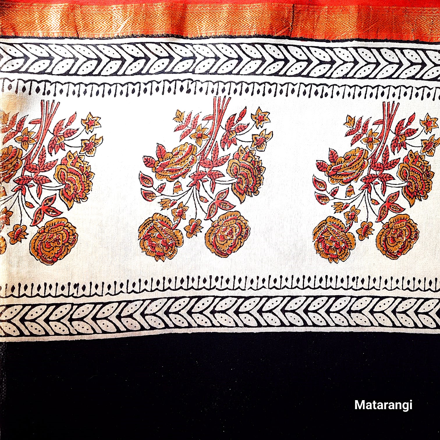Black Floral Handblock Printed Maheshwari Silk Saree