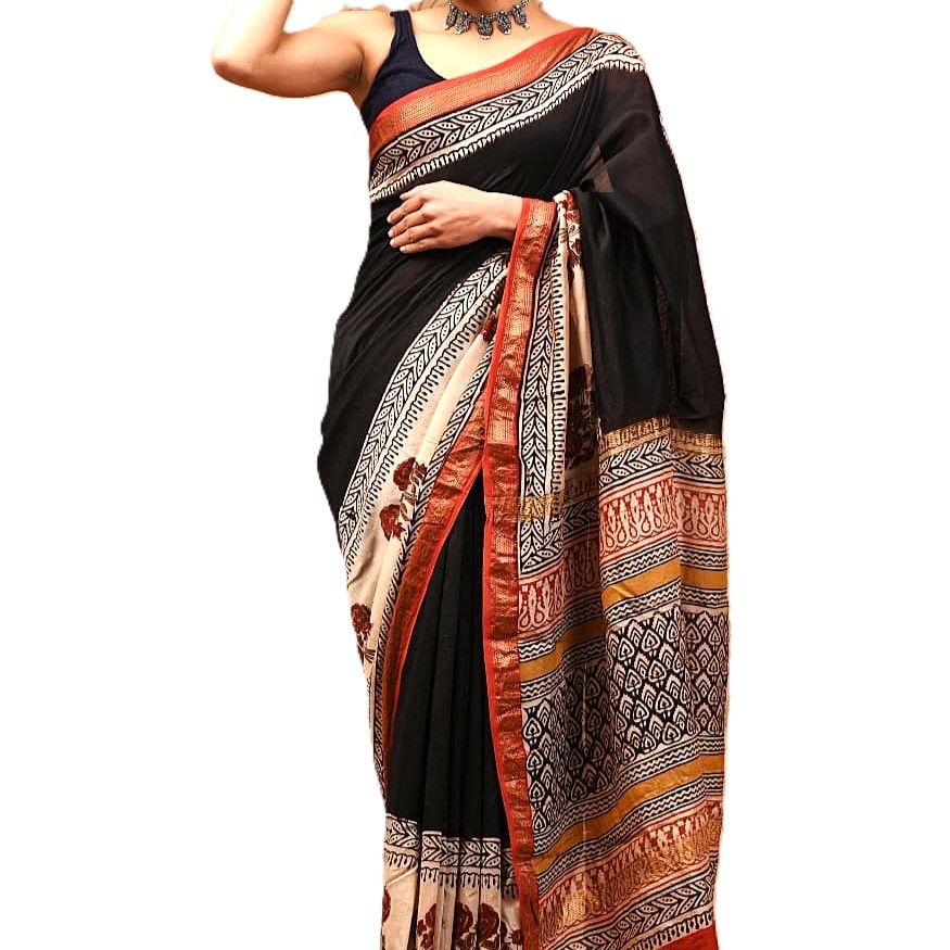 Black Floral Handblock Printed Maheshwari Silk Saree