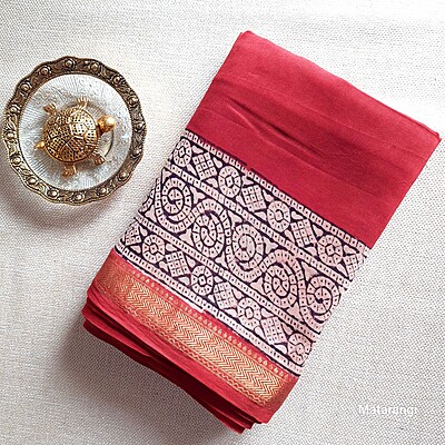 Brick Red Handblock Printed Maheshwari Silk SareeBrick Red