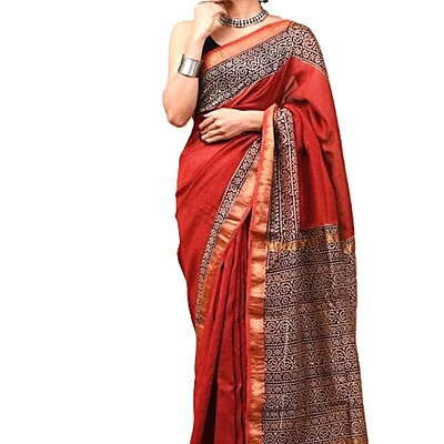 Brick Red Handblock Printed Maheshwari Silk SareeBrick Red