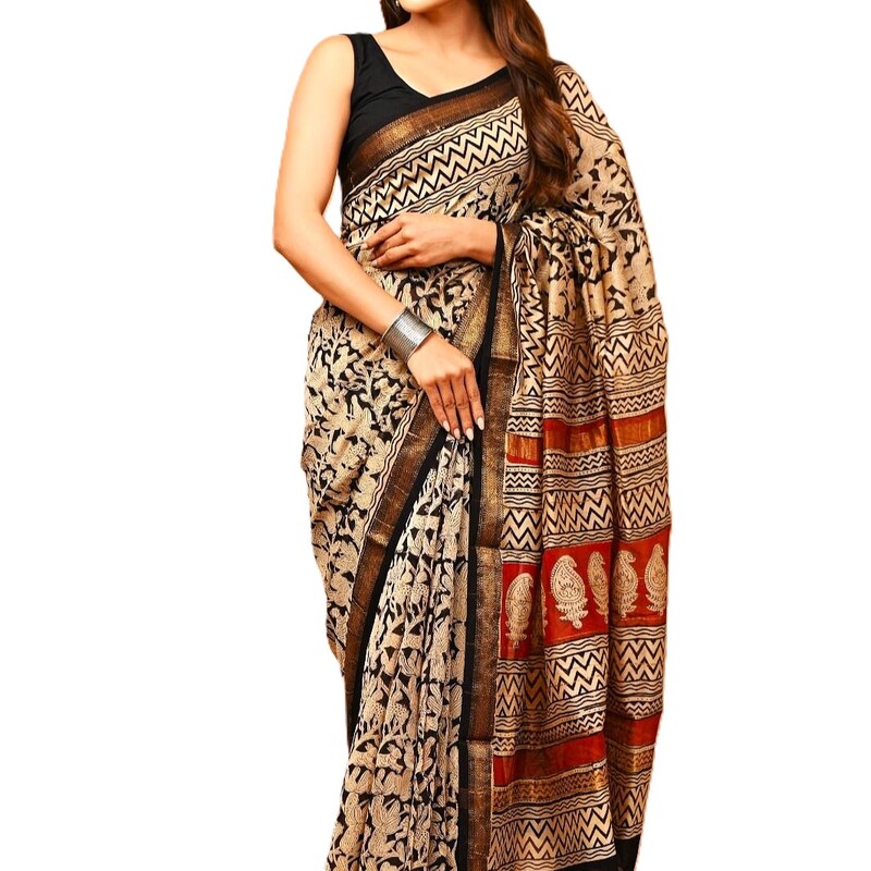 Black & Cream Handblock Printed Maheshwari Silk Saree Black & Cream Handblock Printed Maheshwari Silk Saree