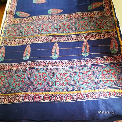Navy Blue Hand Block Printed Organic Chanderi Silk Saree Navy Blue Hand Block Printed Organic Chanderi Silk Saree