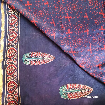 Navy Blue Hand Block Printed Organic Chanderi Silk Saree Navy Blue Hand Block Printed Organic Chanderi Silk Saree