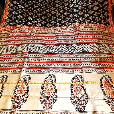 Black Hand Block Printed Organic Chanderi Silk Saree Black Hand Block Printed Organic Chanderi Silk Saree