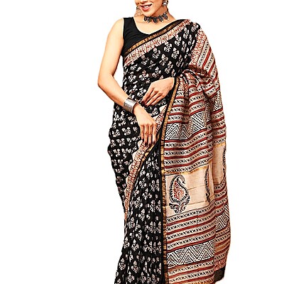 Black Hand Block Printed Organic Chanderi Silk Saree