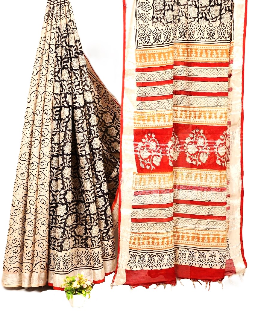 Matarangi Black Floral Handblock Printed Linen Cotton Saree