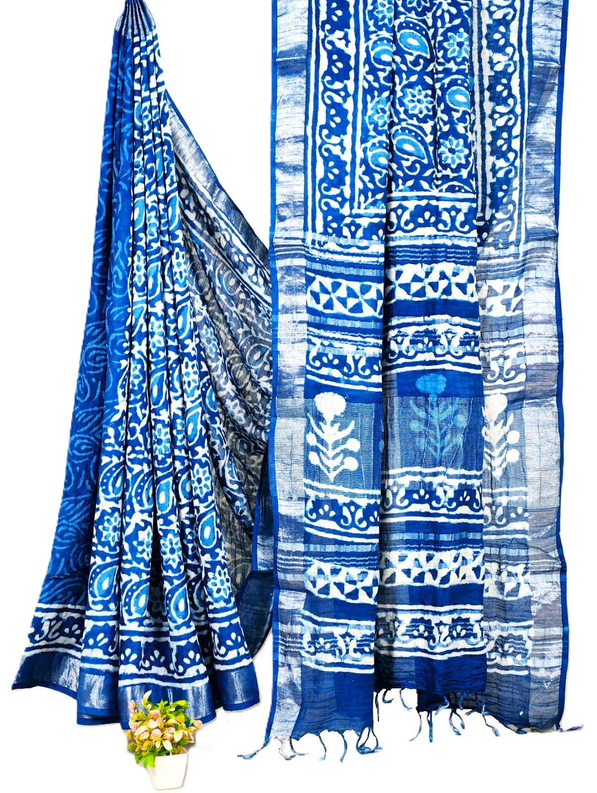 Matarangi Indigo Blue Handblock Printed Linen Cotton Saree